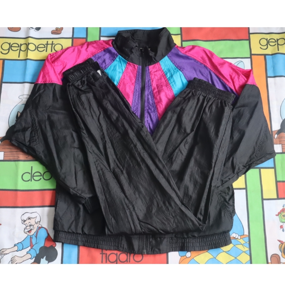 Vintage 80s color block windbreaker tracksuit black pink teal purple large nylon